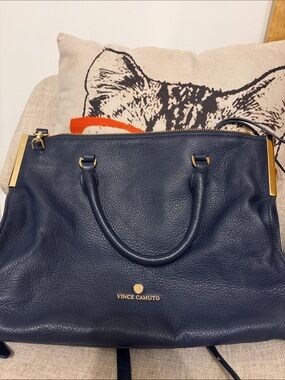 Vince Camuto Navy Leather Tote with Gold Hardware
